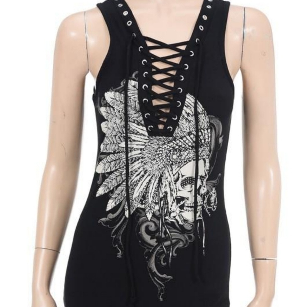 Rhinestone Chief Skull Lace Up Tank Top